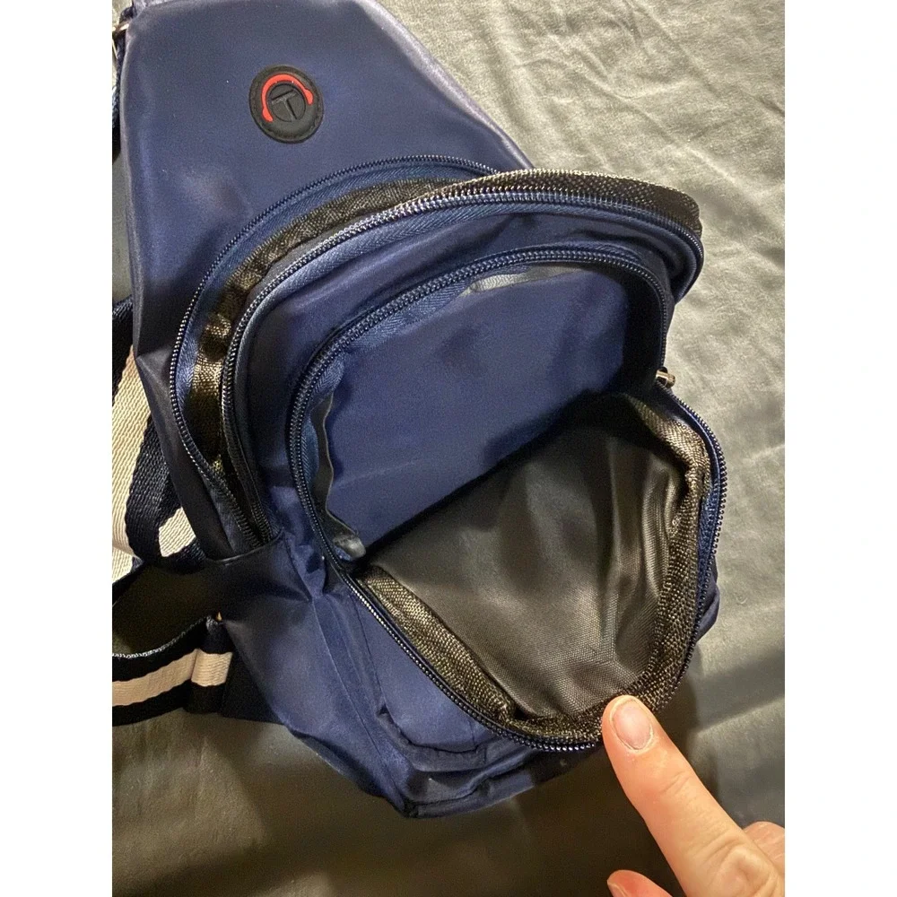 Navy Blue Nylon Crossbody Sling Bag Striped Strap Chest Pack with Headphone Port